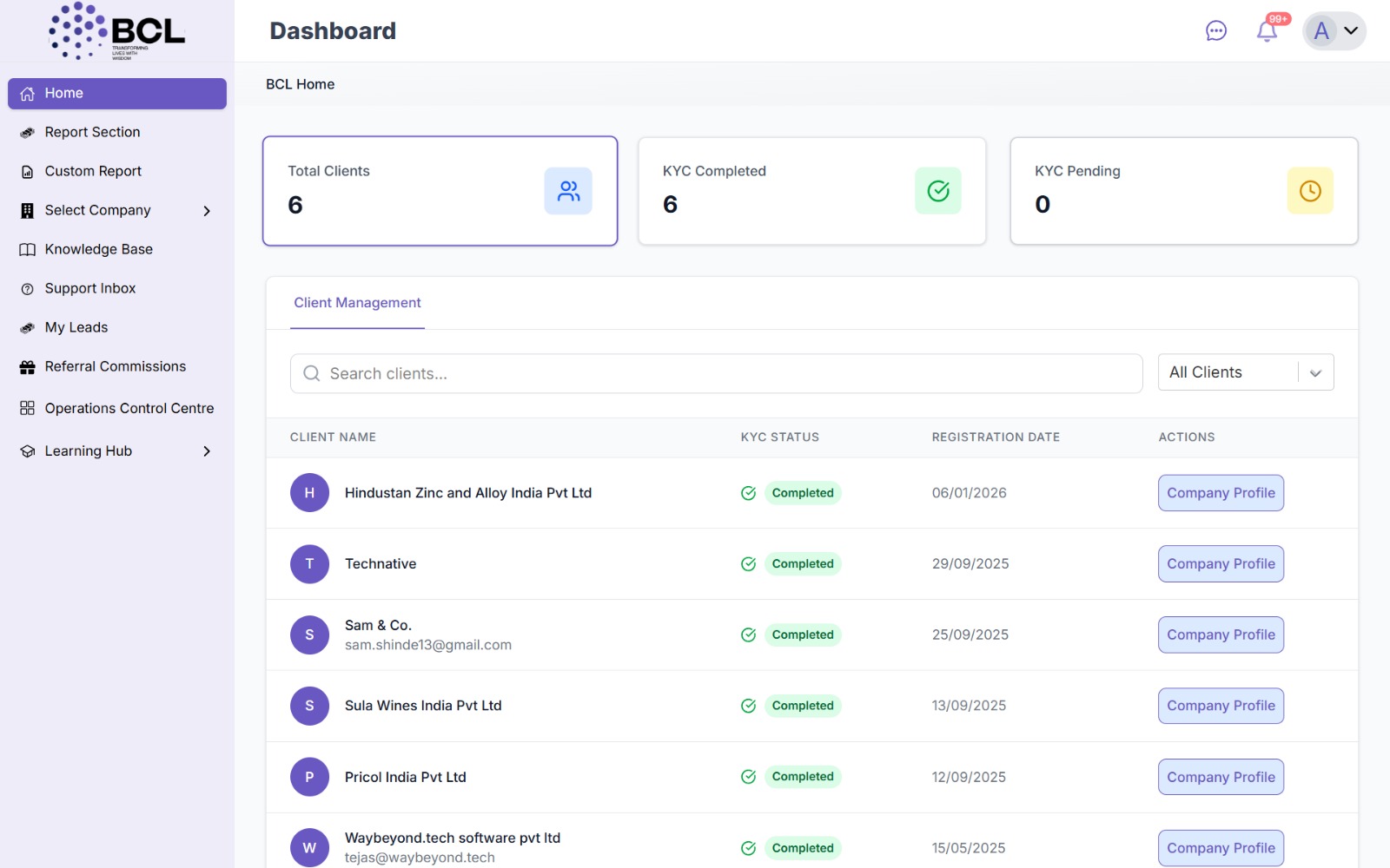 BCL client management dashboard showing live KYC completion status across all clients