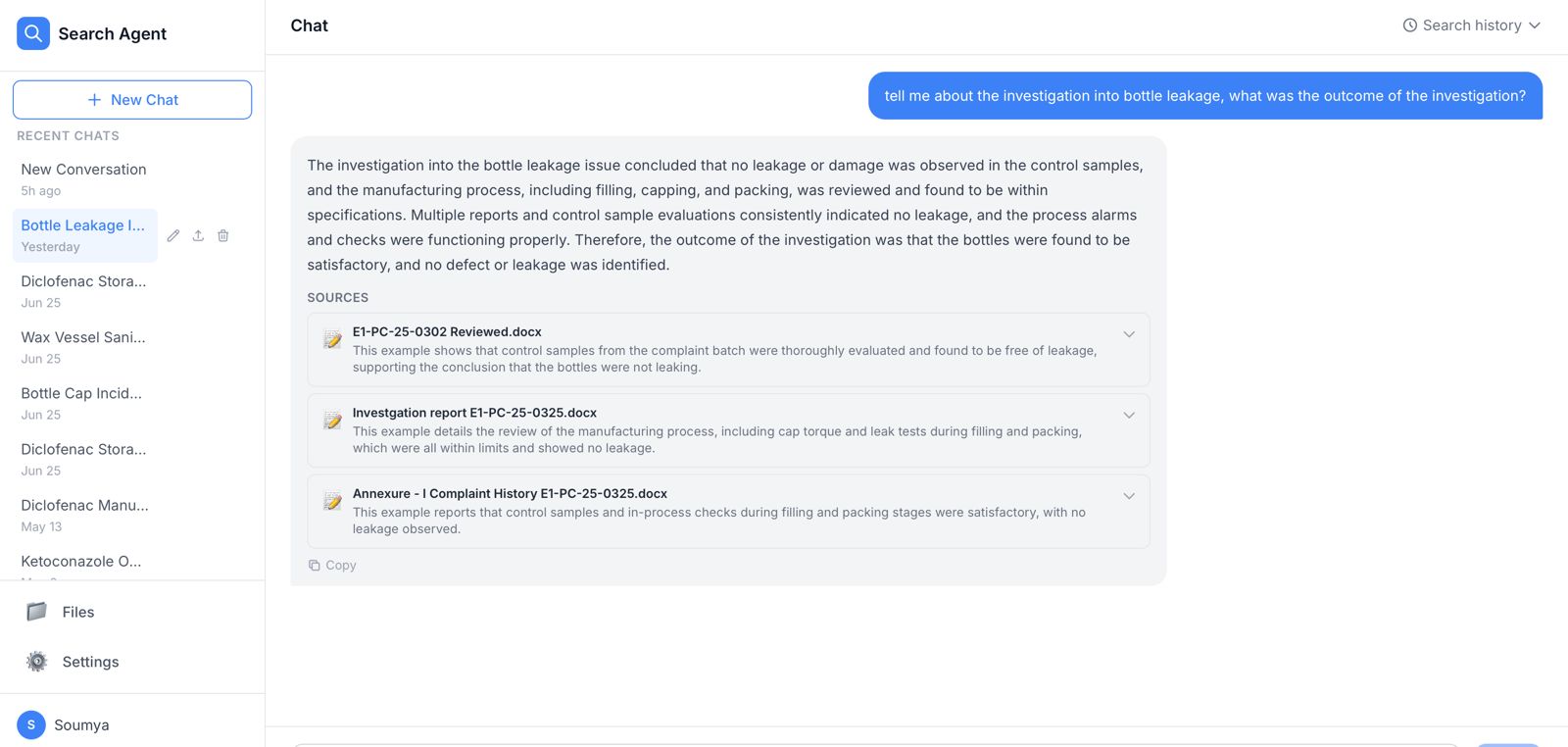 Livo Search Agent answering a bottle leakage investigation query with cited source documents